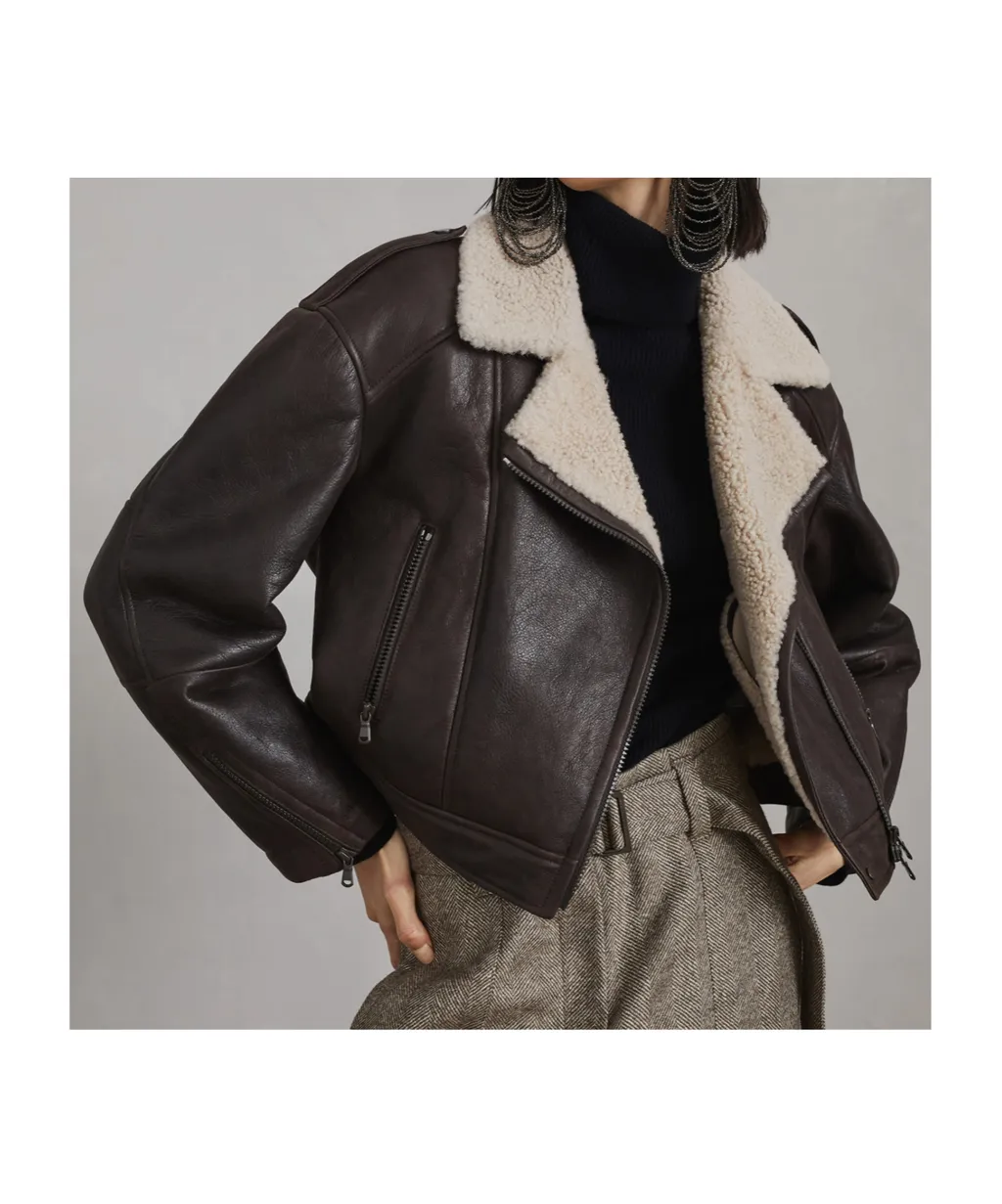Brunello Cucinelli Shearling-Collar Cropped Biker Jacket