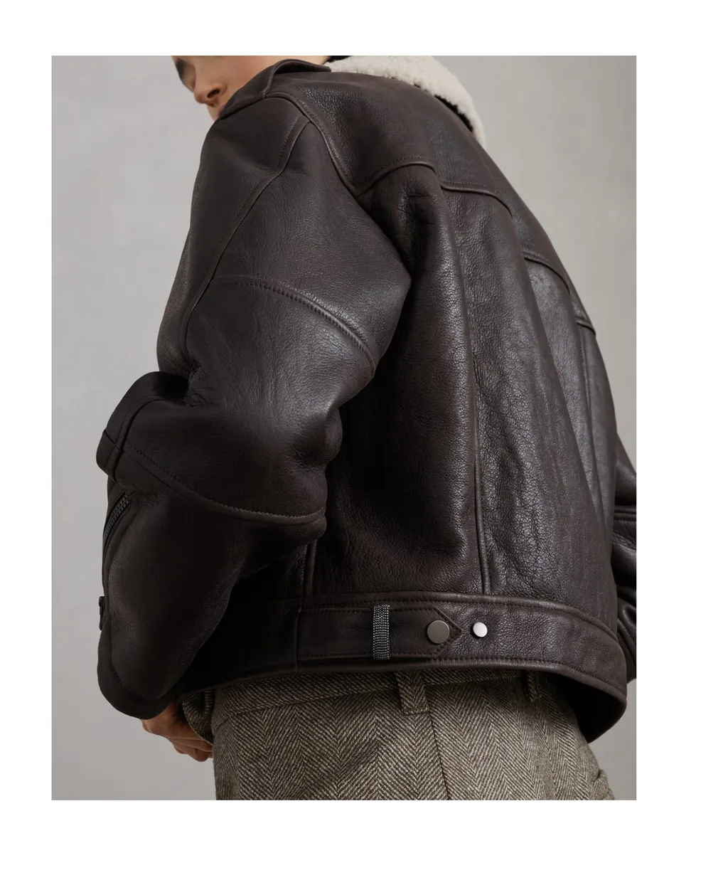 Brunello Cucinelli Shearling-Collar Cropped Biker Jacket