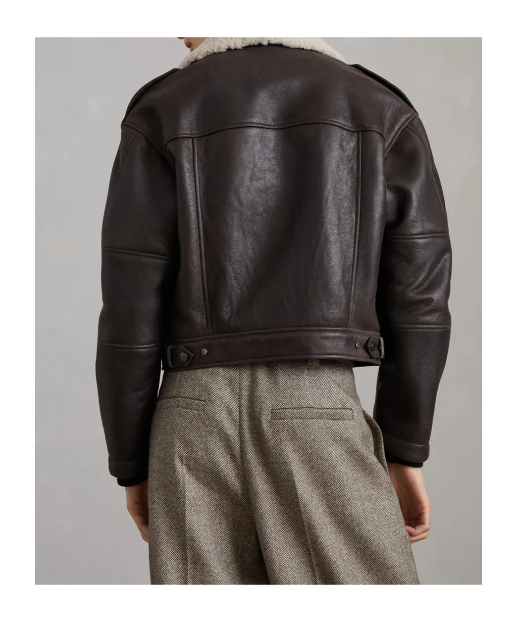 Brunello Cucinelli Shearling-Collar Cropped Biker Jacket