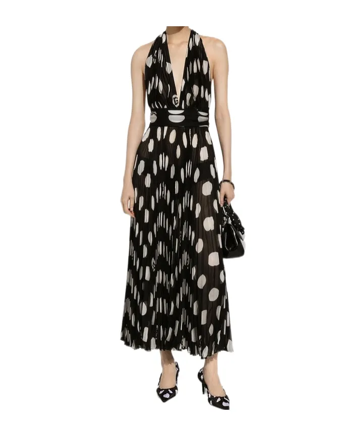 Dolce & Gabbana Polka-Dot Printed Pleated Chiffon Calf-Length Dress