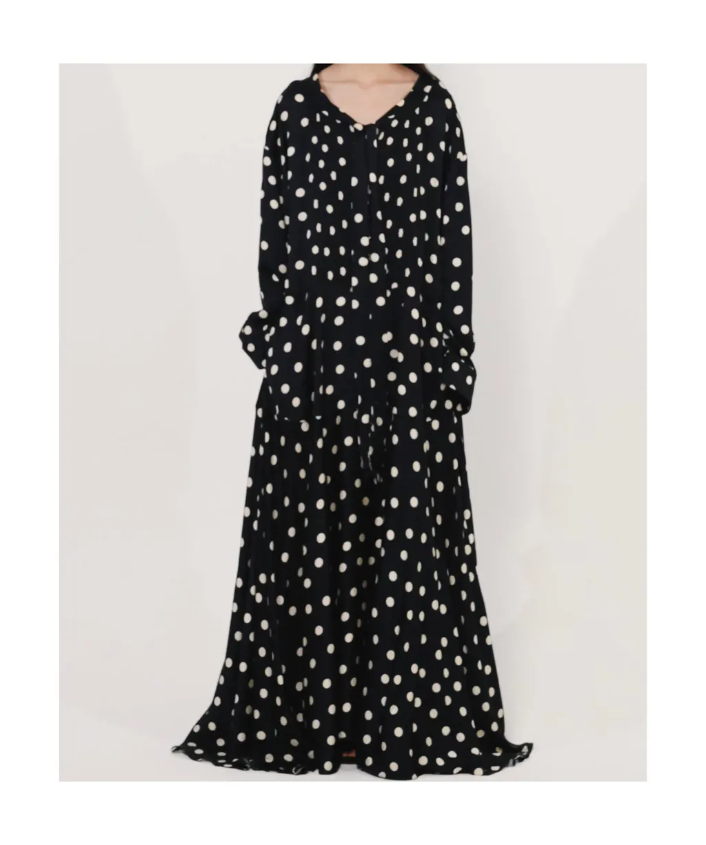 Long-Sleeved Polka Dot Extra-Long Dress