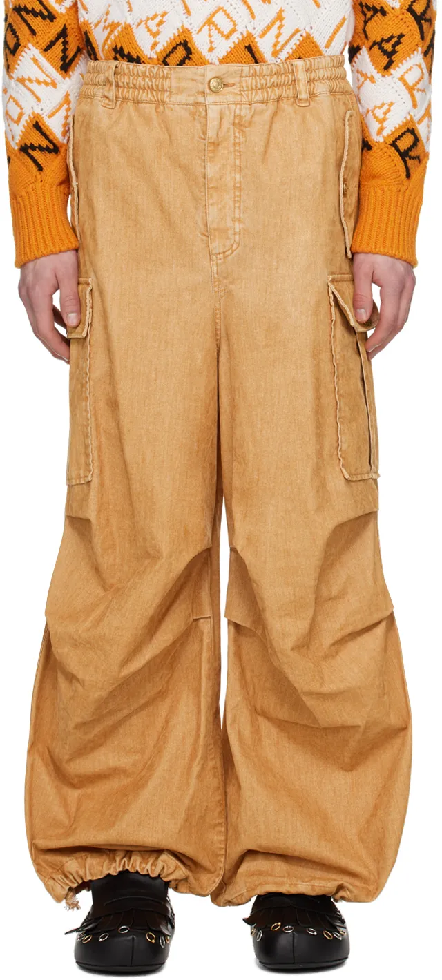 Beige Flocked Denim Cargo Pants