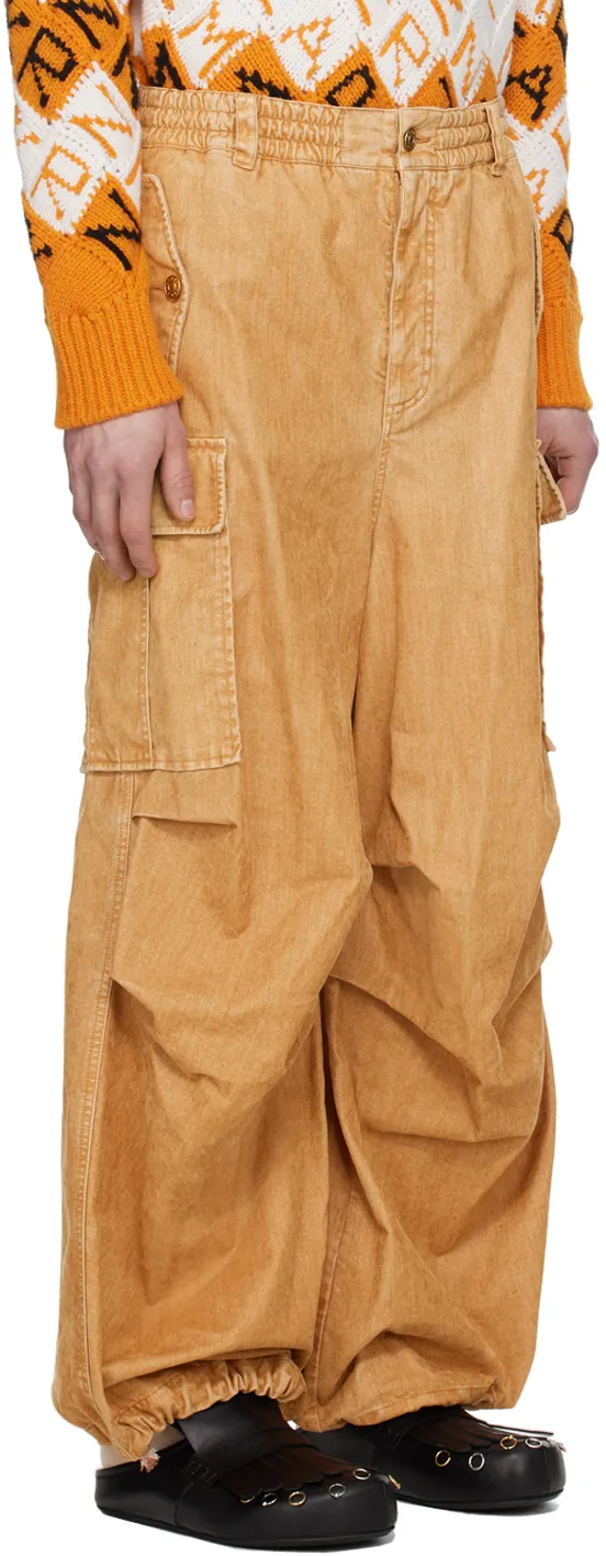 Beige Flocked Denim Cargo Pants