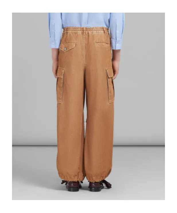 Beige Flocked Denim Cargo Pants