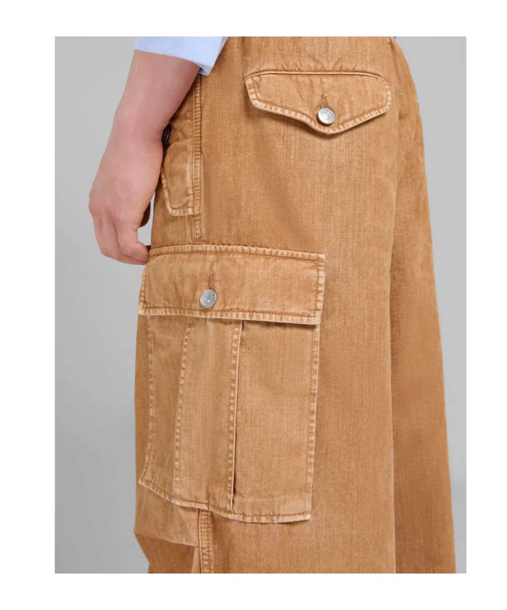 Beige Flocked Denim Cargo Pants