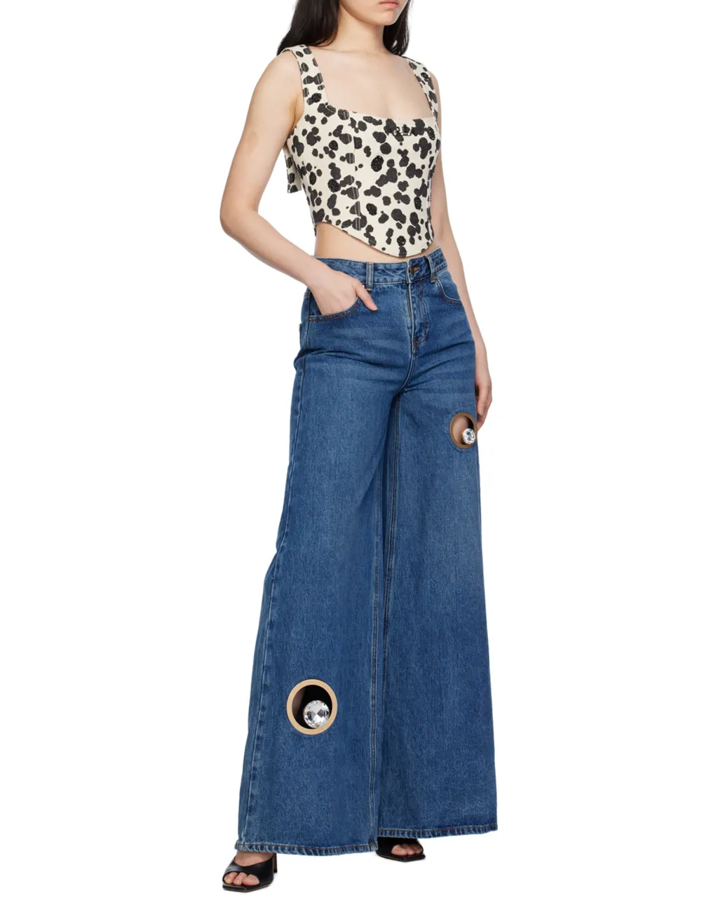 Dalmatian-Print Denim Corset Top