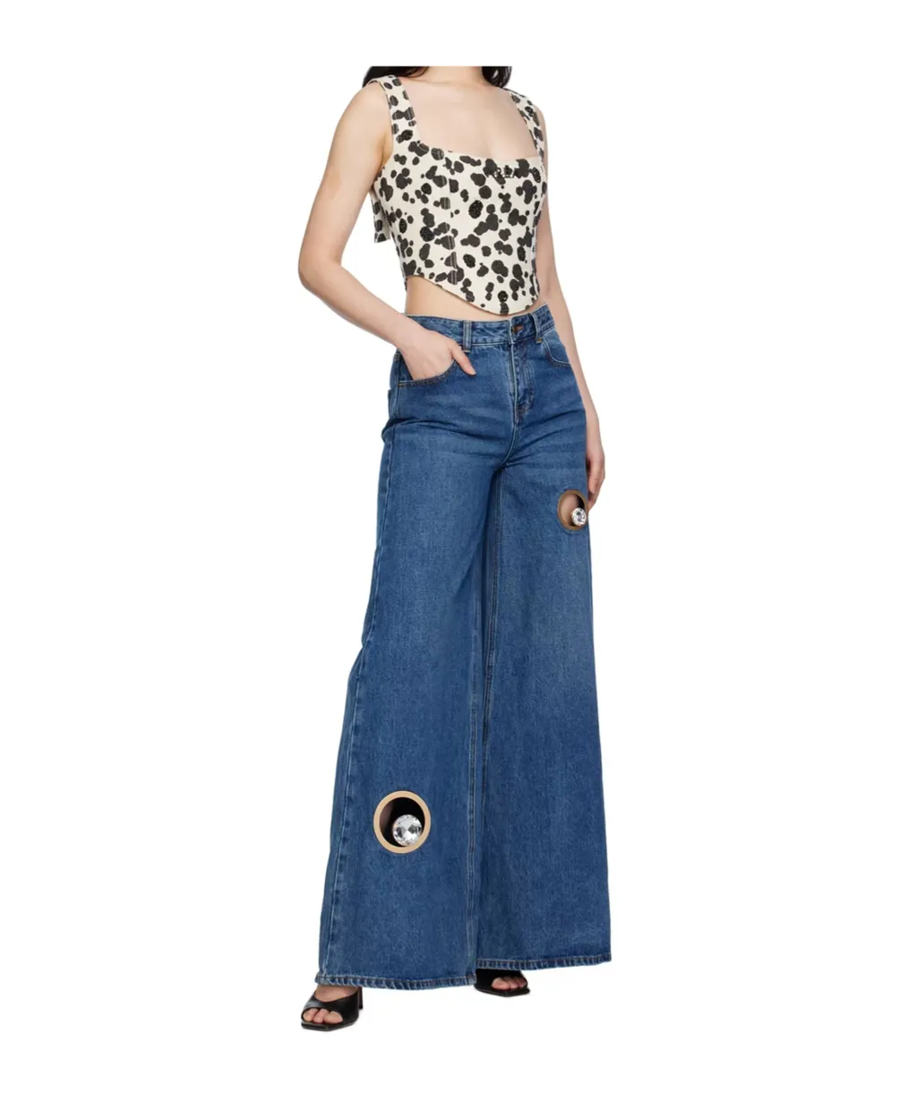 Dalmatian-Print Denim Corset Top