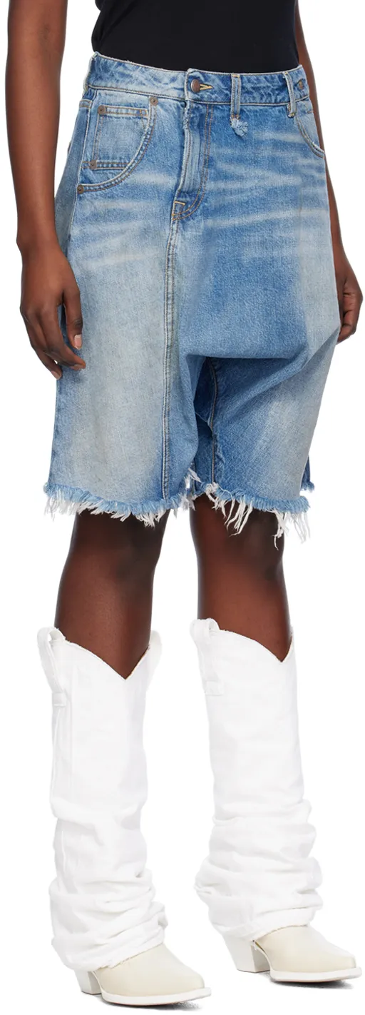 Asymmetric Drop-Crotch Denim Shorts