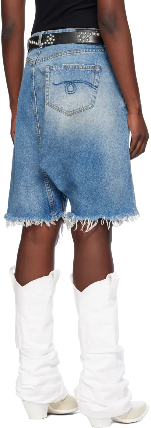 Asymmetric Drop-Crotch Denim Shorts