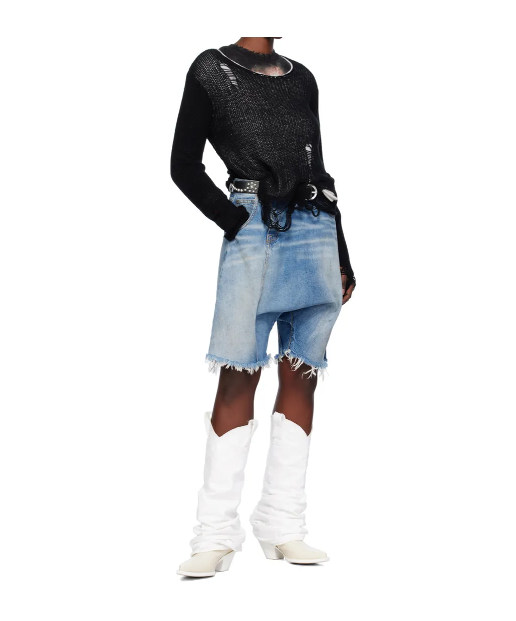 Asymmetric Drop-Crotch Denim Shorts