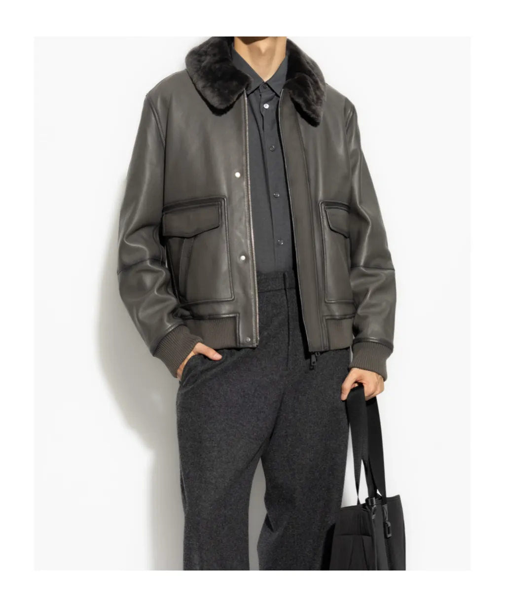 Shearling-Collar Leather Jacket