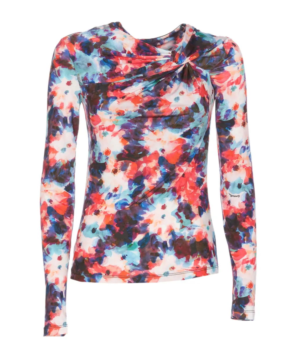 Hybrid Flower-Print Knot-Detail Jersey Top