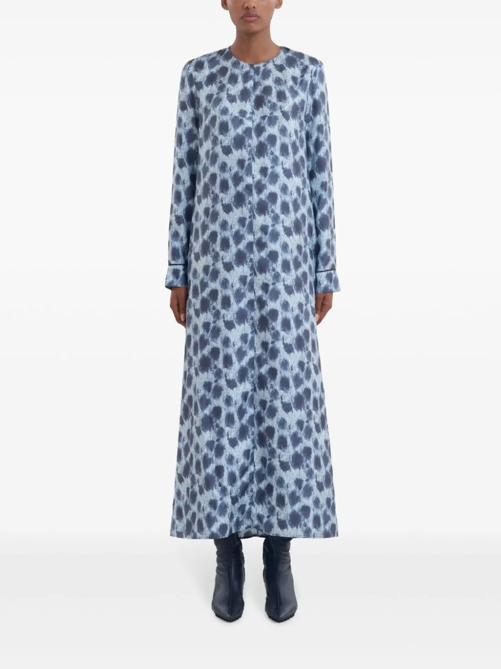 Grey Silk Long Dress With Crayon Leopard Print