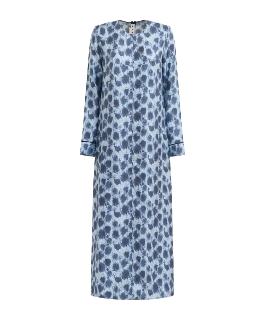 Grey Silk Long Dress With Crayon Leopard Print