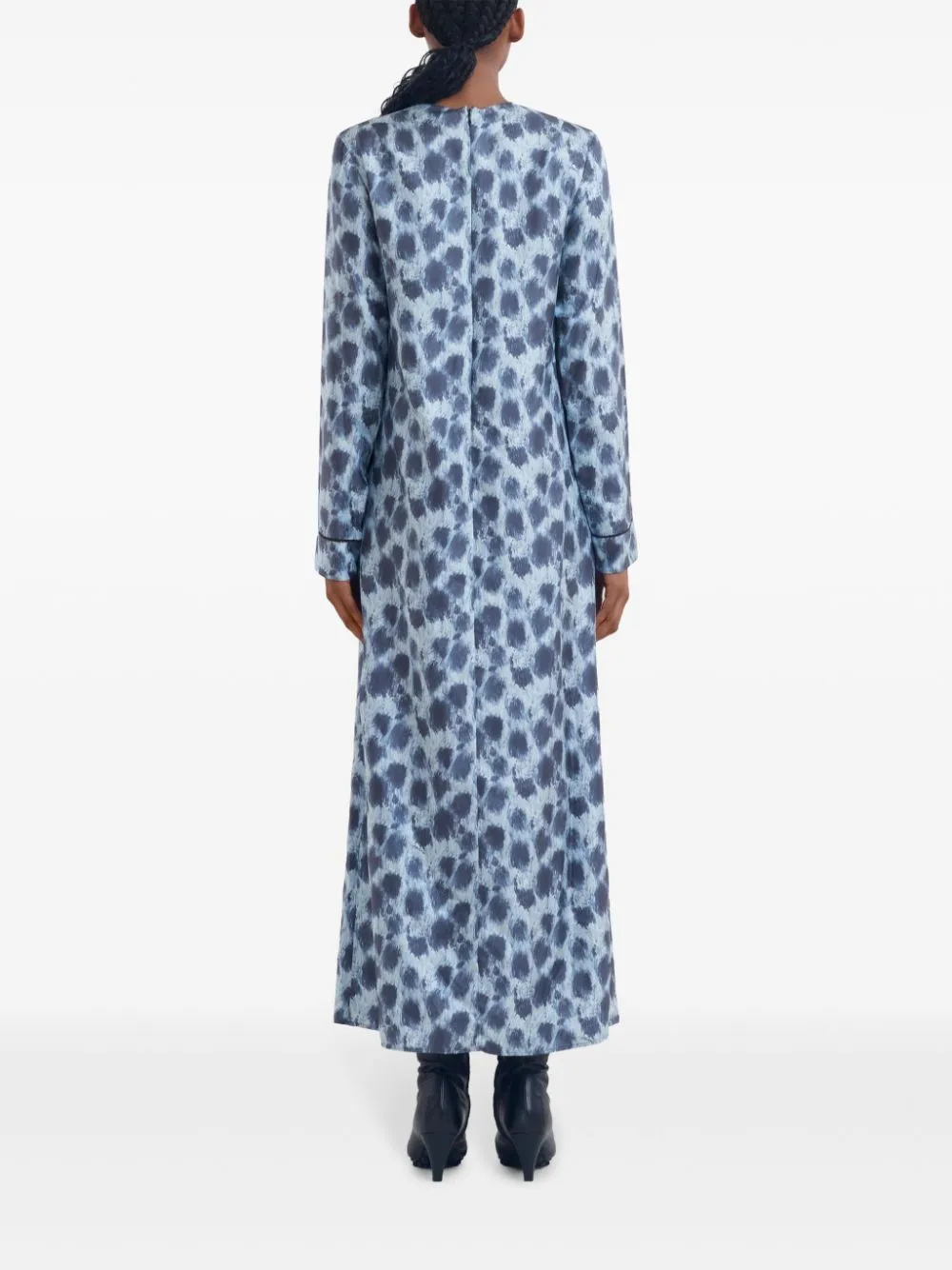Grey Silk Long Dress With Crayon Leopard Print