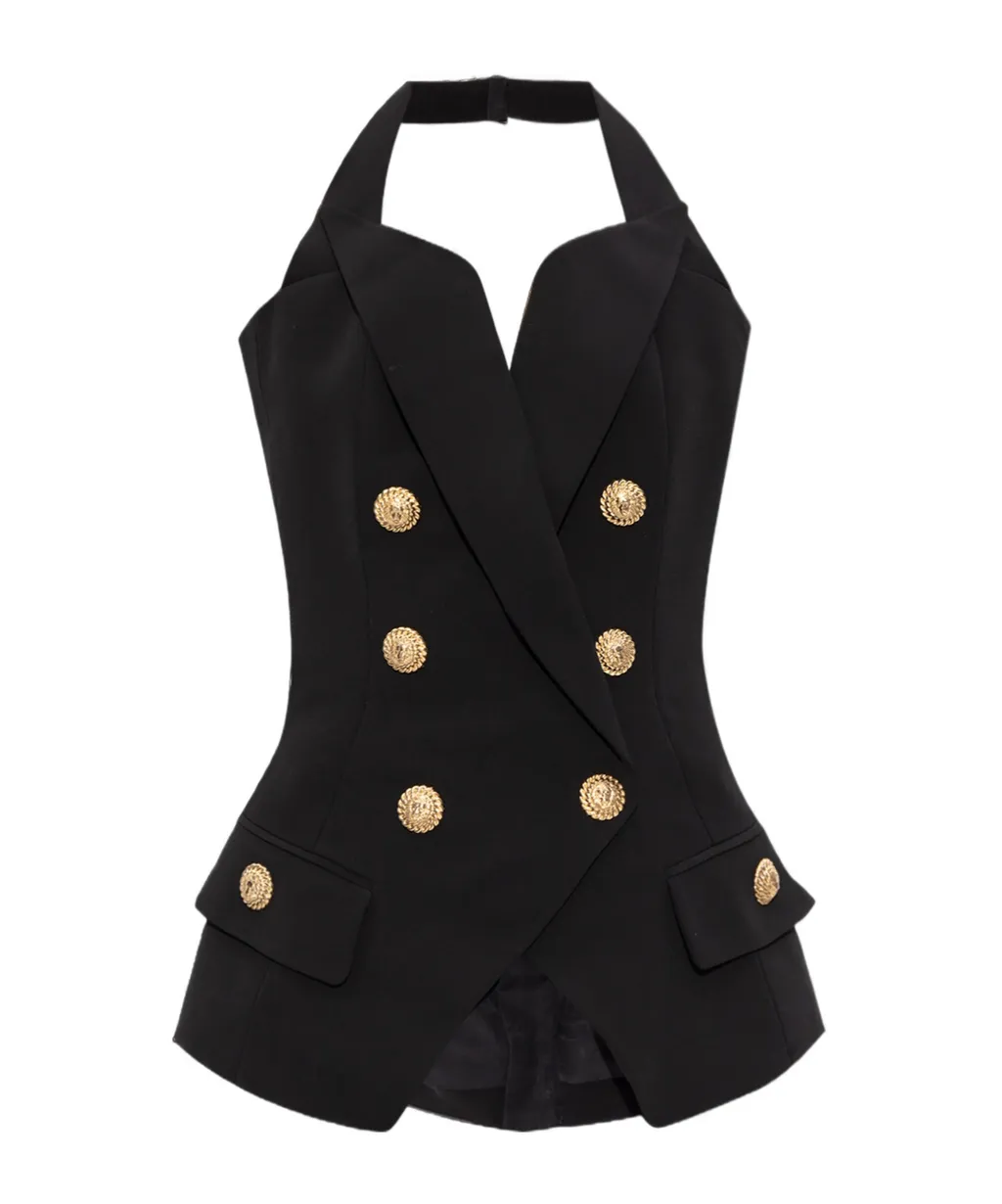 Balmain Double-Breasted Sleeveless Halterneck Top