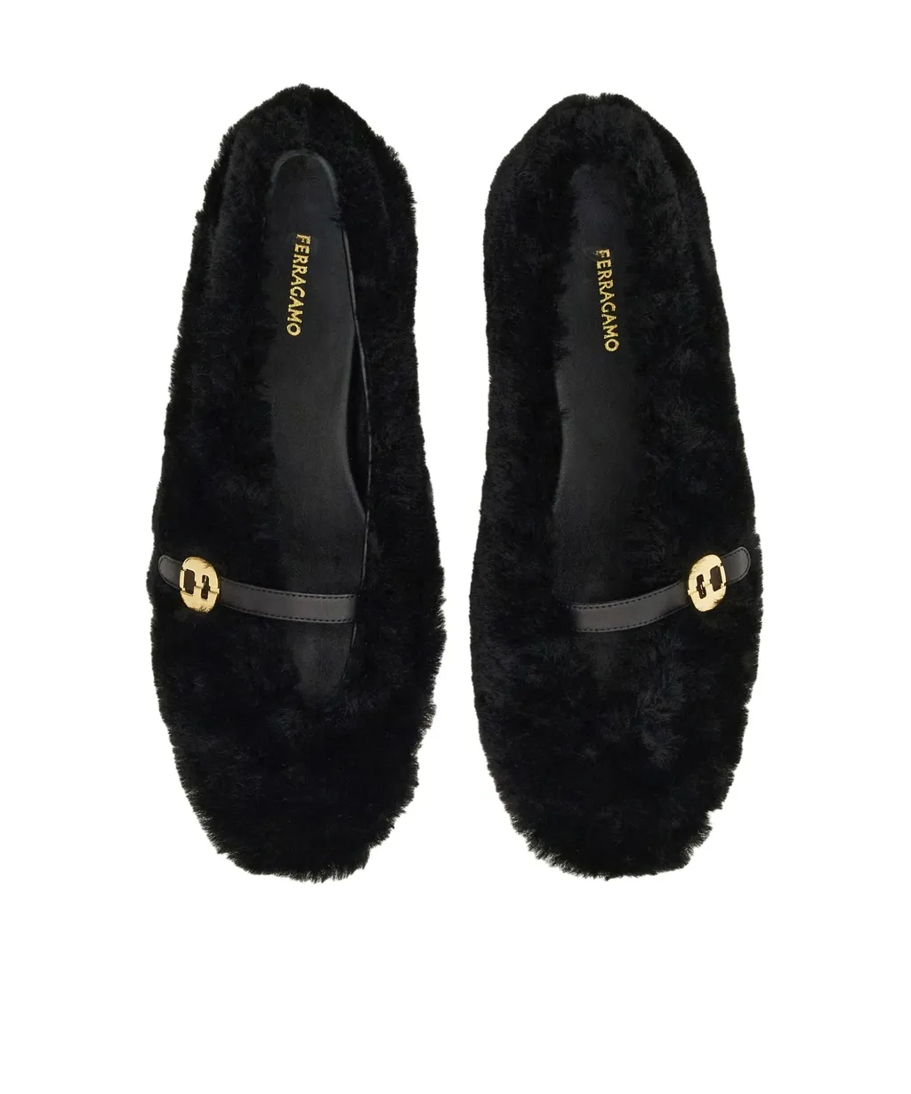 Salvatore Ferragamo Fluffy Logo Buckled Ballerina Shoes