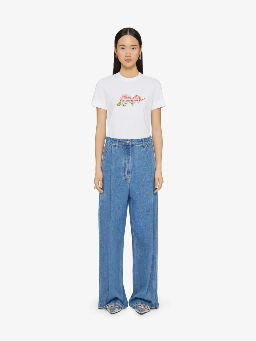 4G Lace Slim Fit T-Shirt In Cotton With Roses Print