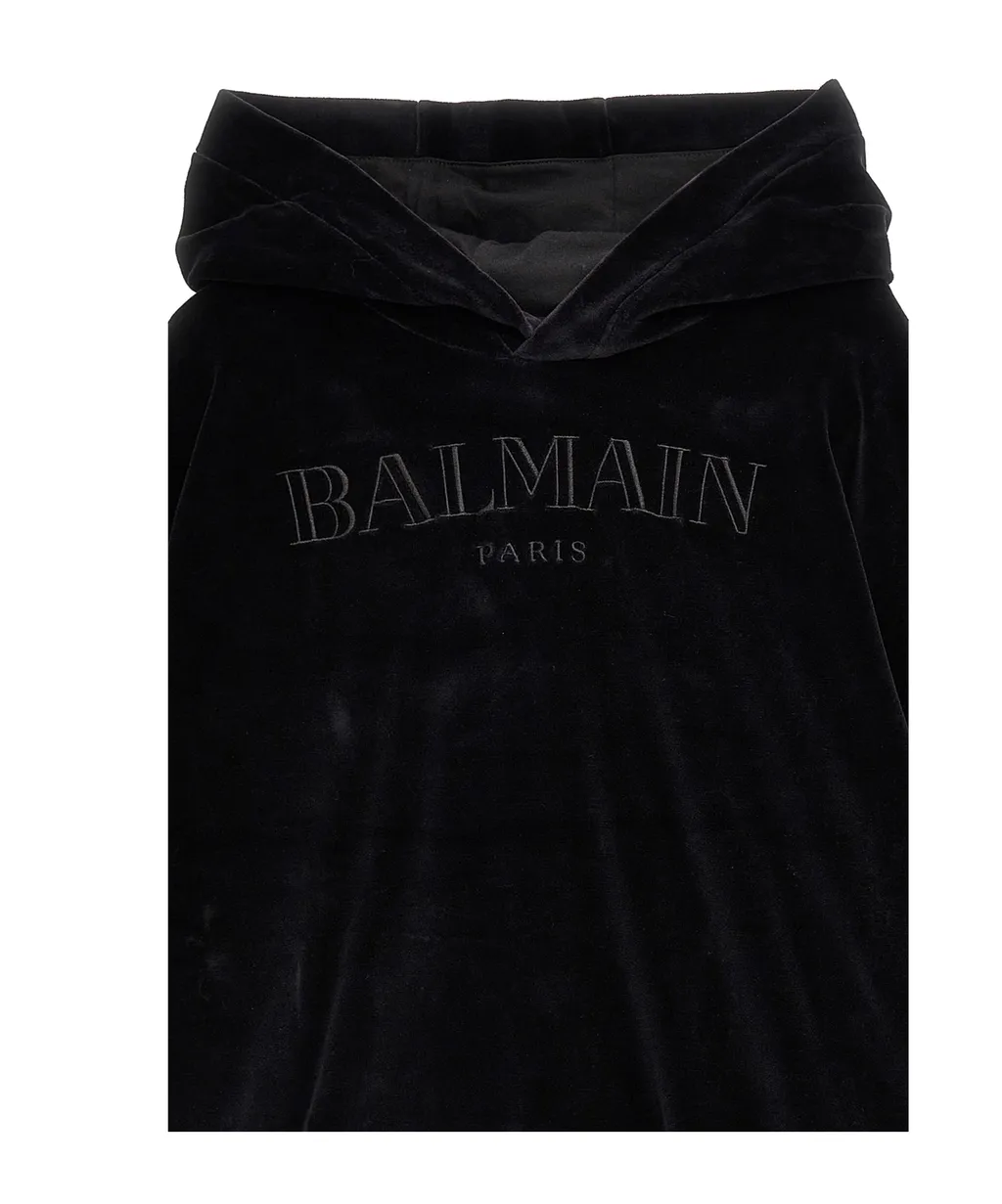 Balmain Kids Logo Embroidered Velvet Hoodie