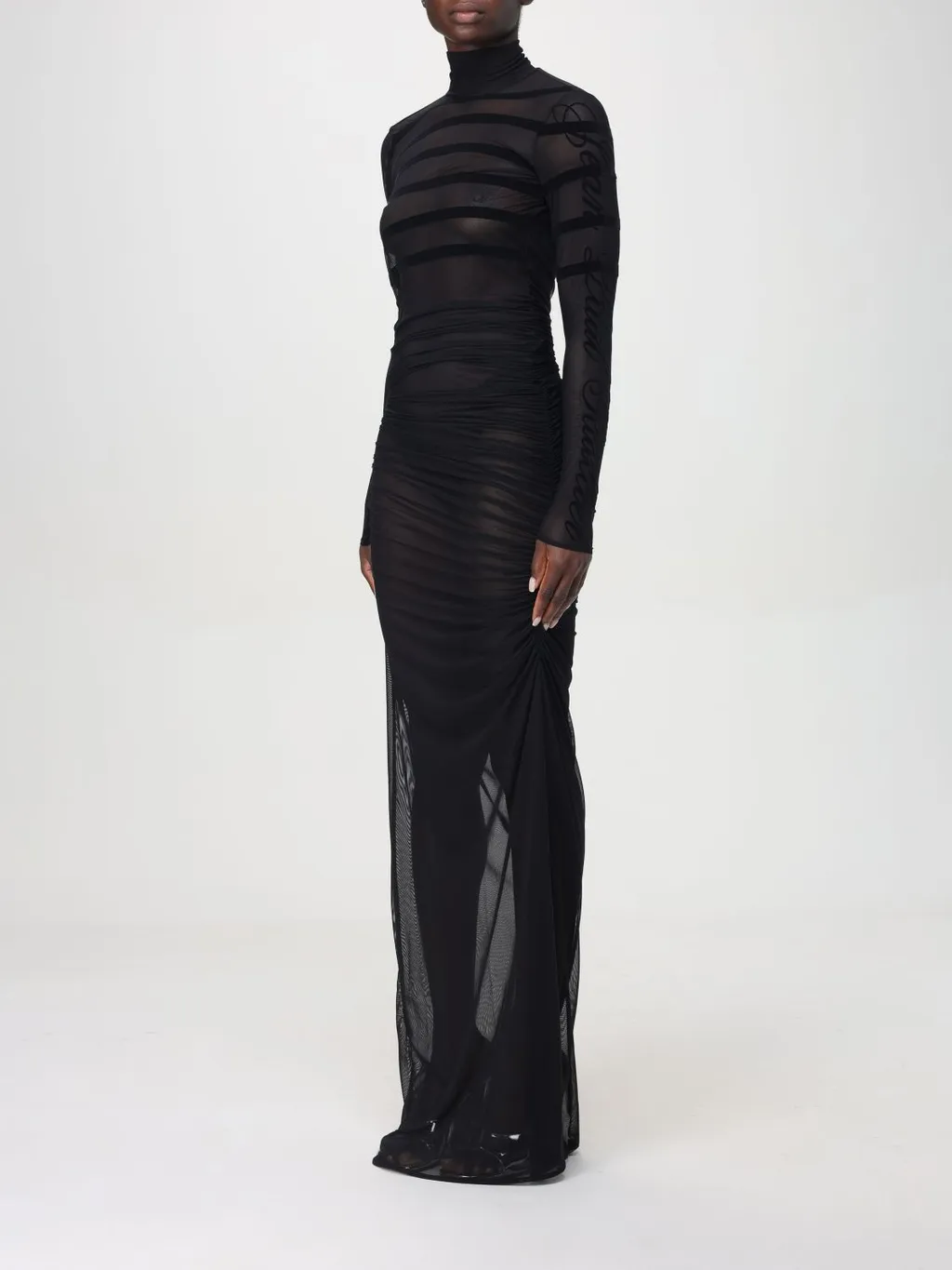 Flocked-Stripe Mesh Maxi Dress