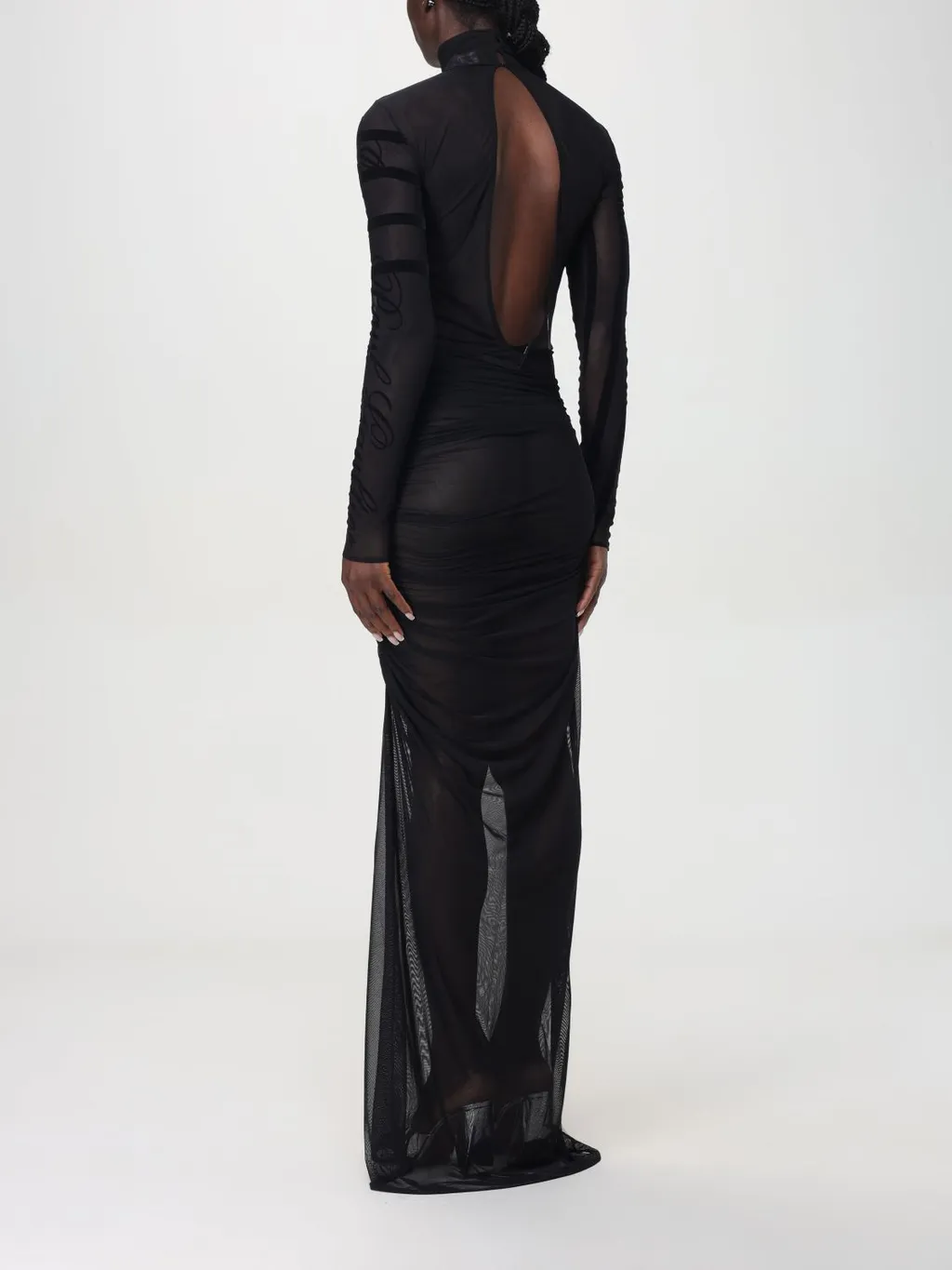 Flocked-Stripe Mesh Maxi Dress