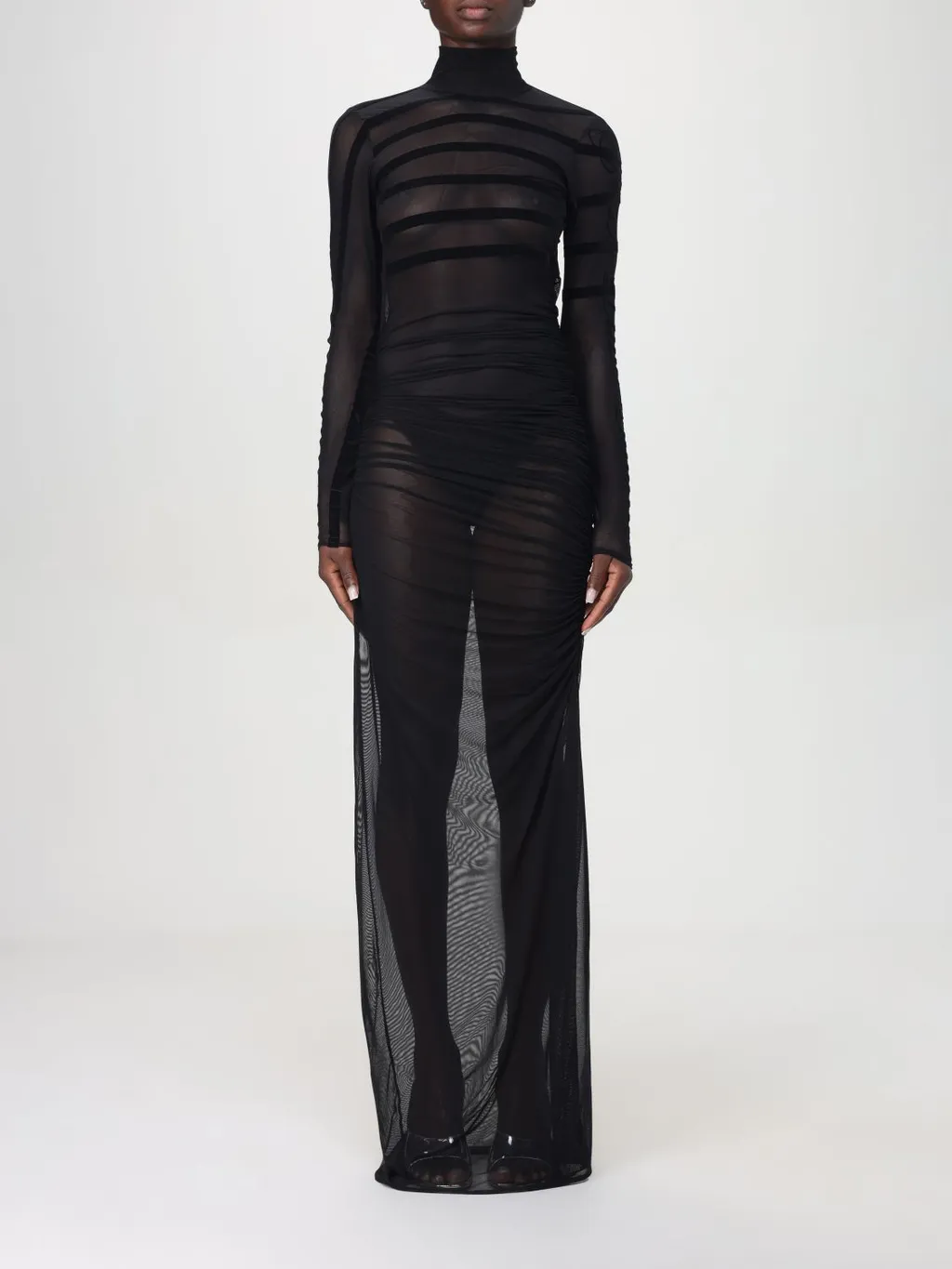 Flocked-Stripe Mesh Maxi Dress