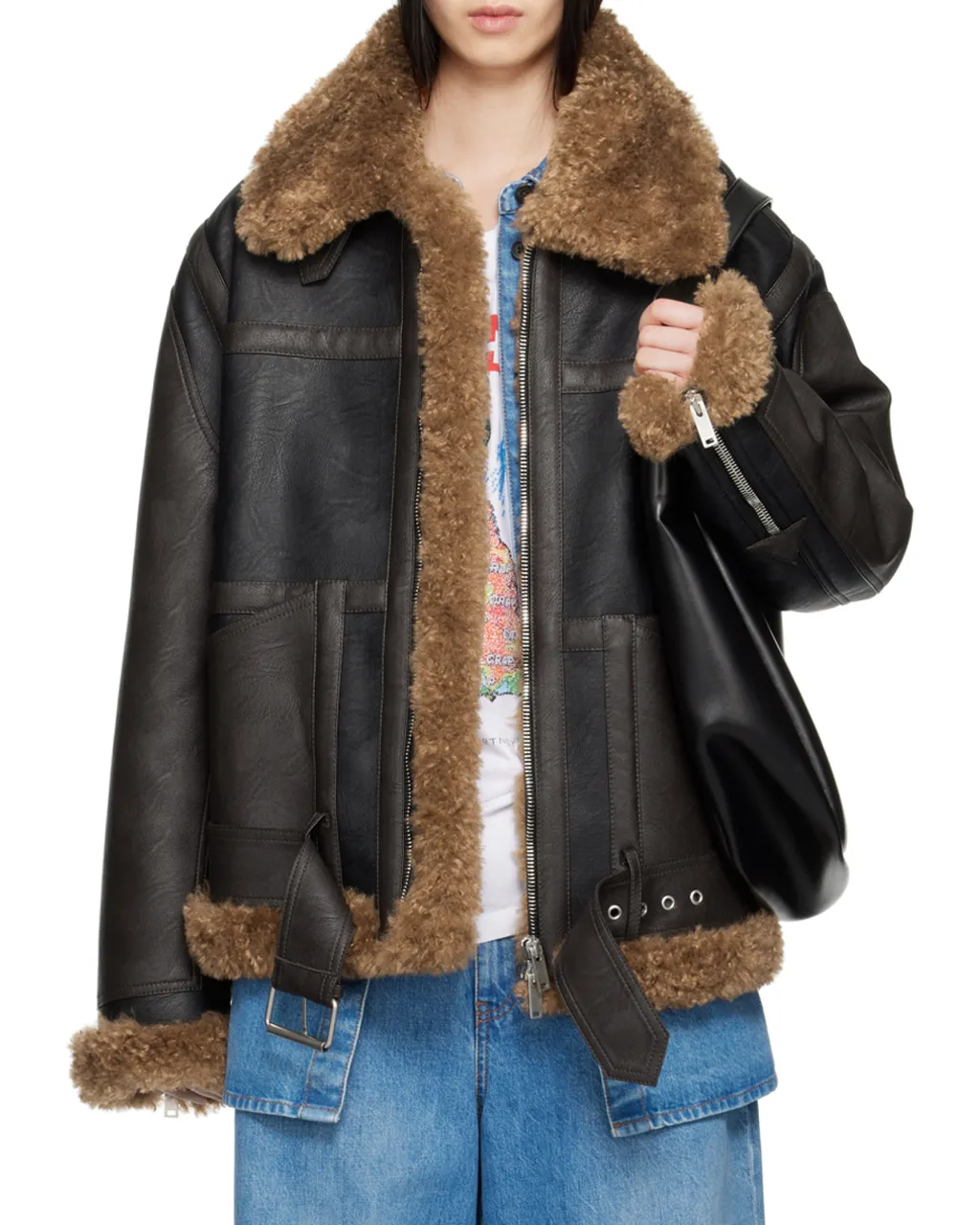 Stella Mccartney Plush Teddy Paneled Biker Jacket