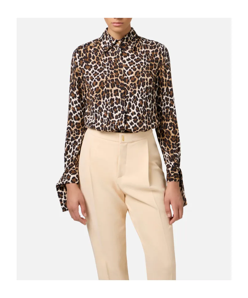 Elisabetta Franchi Ribbon Cuffs Animalier Printed Georgette Blouse