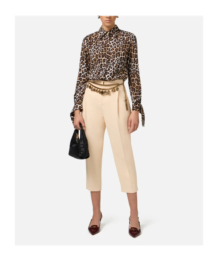 Elisabetta Franchi Ribbon Cuffs Animalier Printed Georgette Blouse