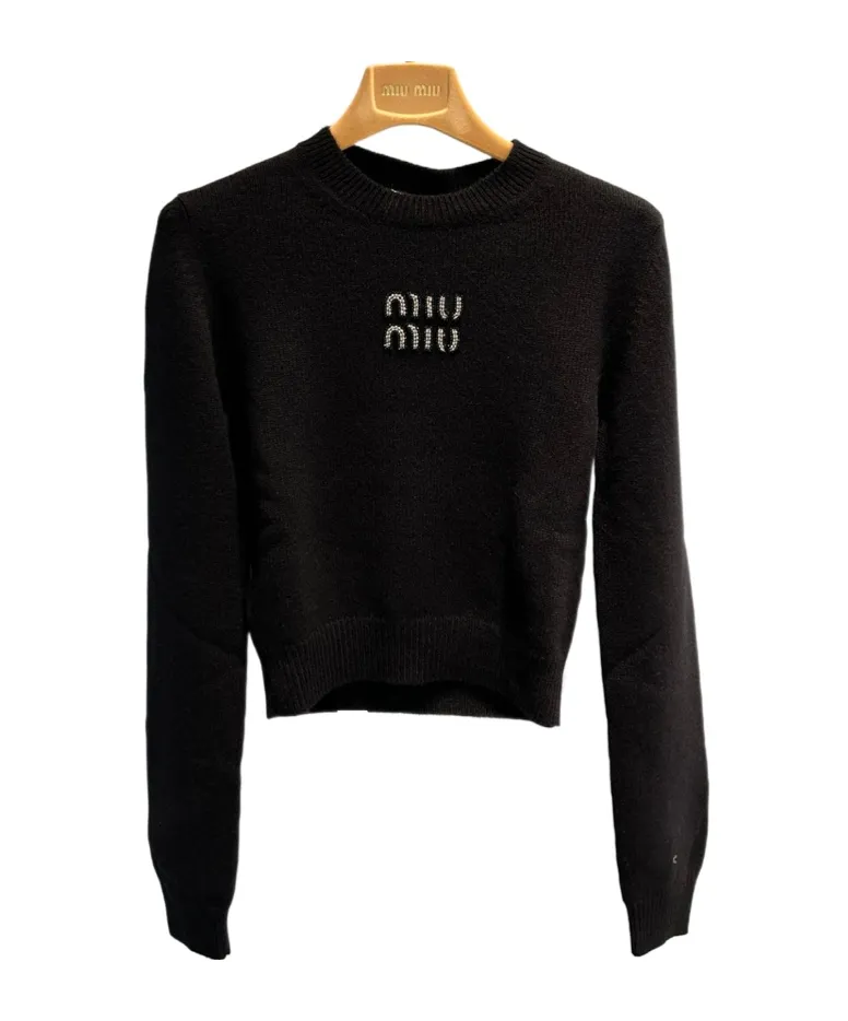Miu Miu Logo Embellished Cropped Knit Sweater