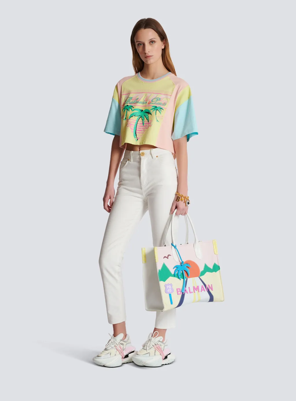 Balmain Palm Tree Printed Cropped T-Shirt