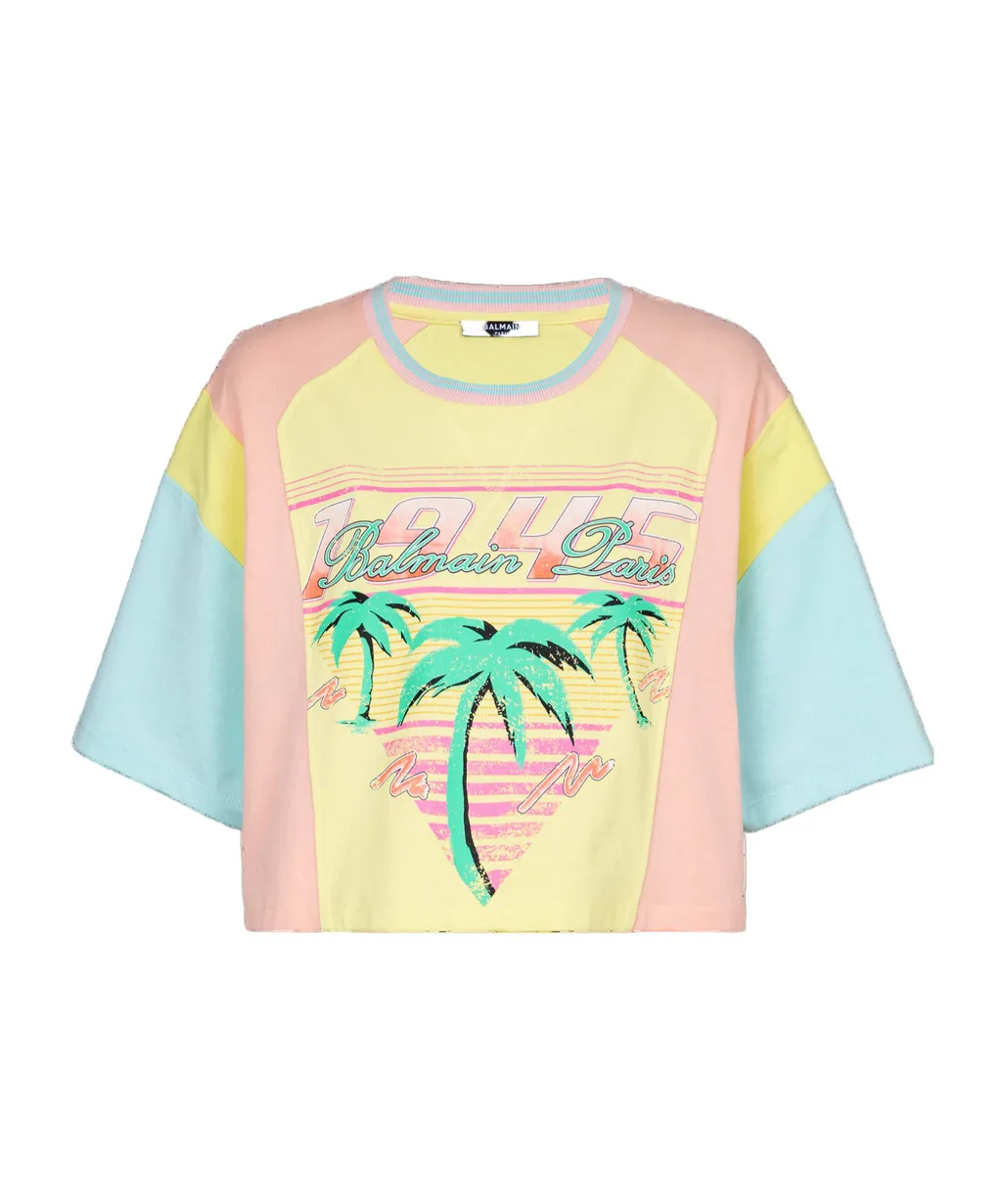Balmain Palm Tree Printed Cropped T-Shirt