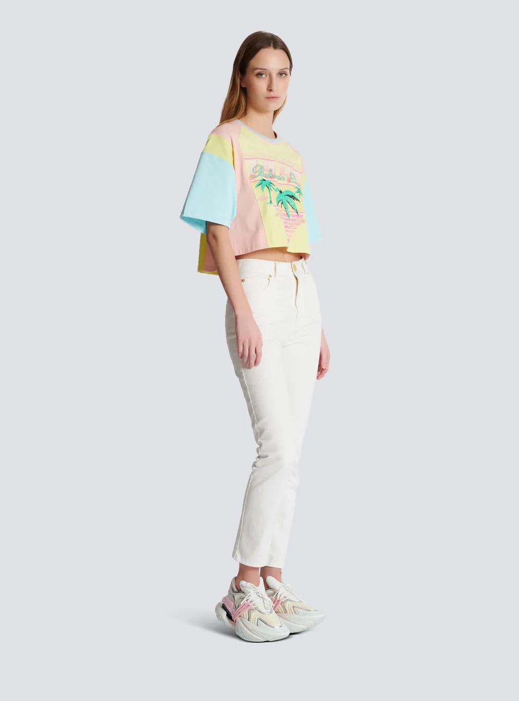 Balmain Palm Tree Printed Cropped T-Shirt