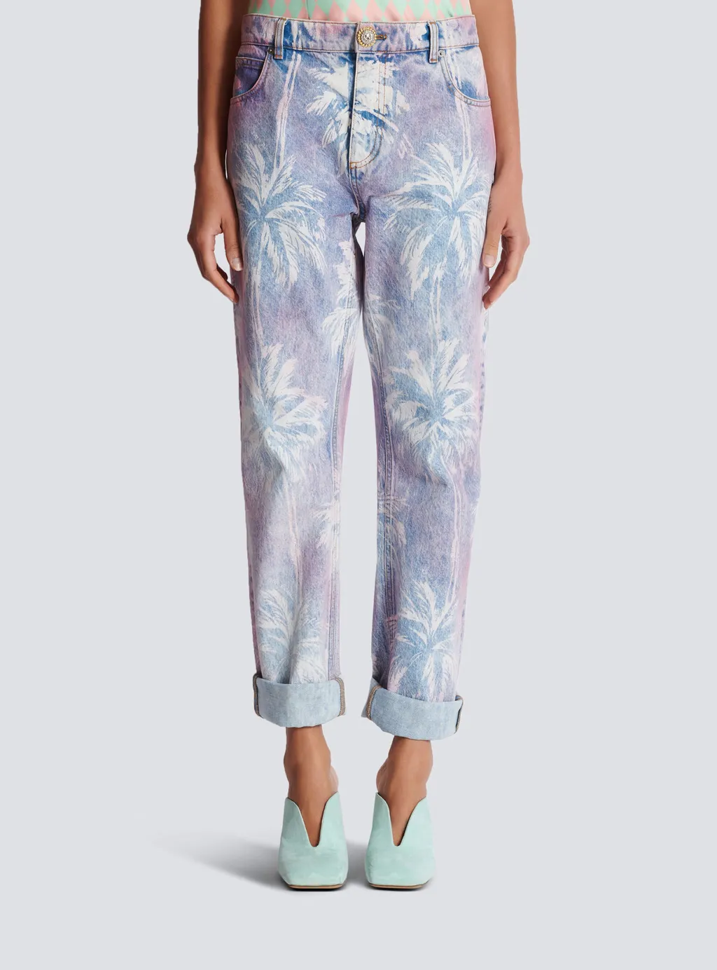 Balmain Palm Tree Denim Boyfriend Jeans