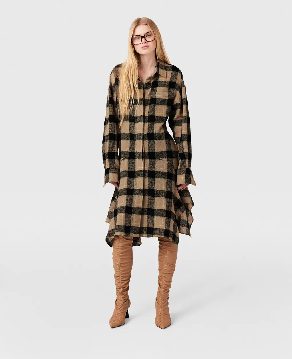 Horn Check Medium Length Wool Dress