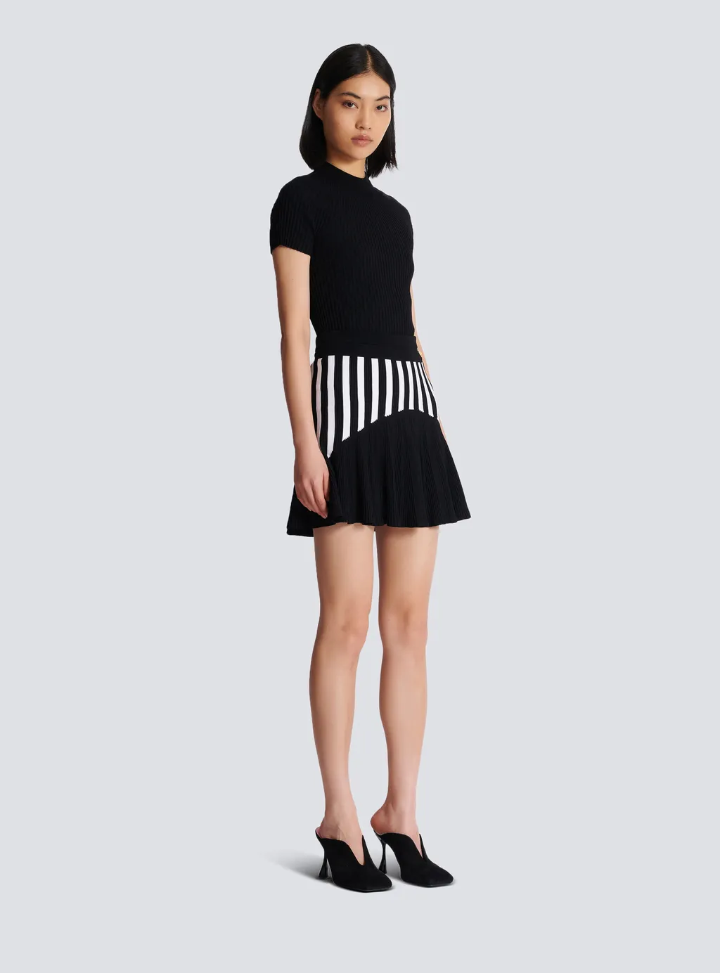 Balmain Pleated Striped Knit Skirt