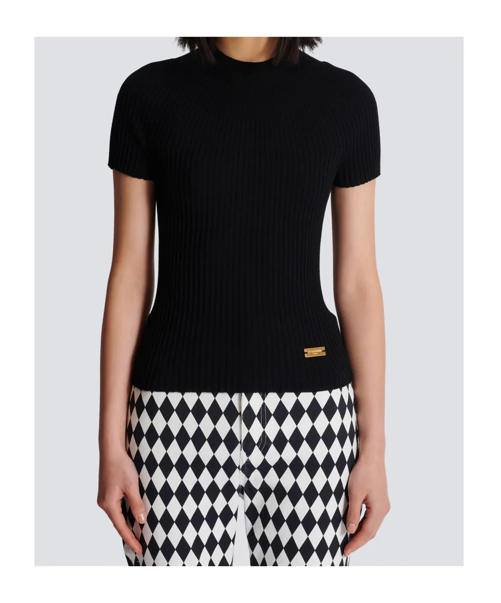 Balmain Logo Plaque Short-Sleeved Ribbed Knit Top