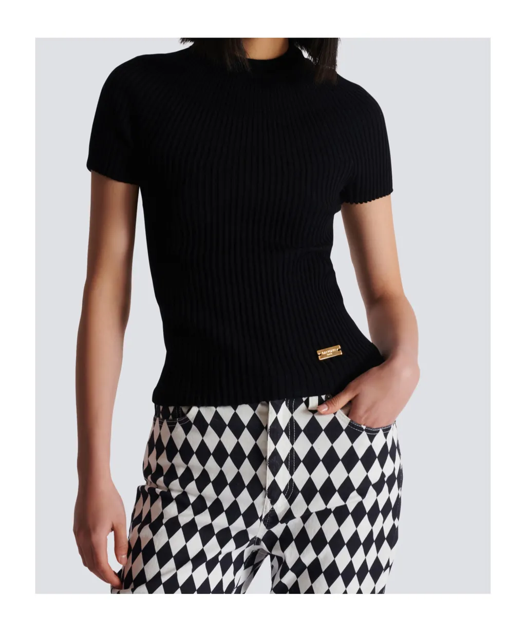 Balmain Logo Plaque Short-Sleeved Ribbed Knit Top