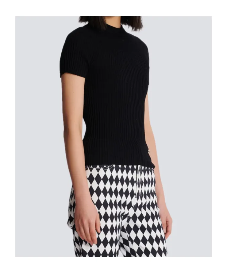 Balmain Logo Plaque Short-Sleeved Ribbed Knit Top