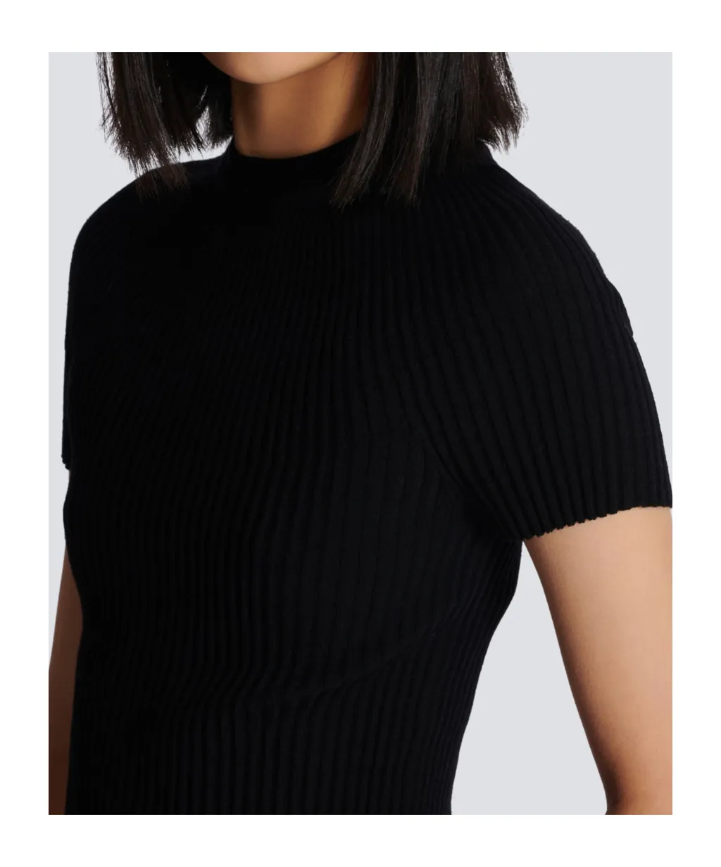Balmain Logo Plaque Short-Sleeved Ribbed Knit Top