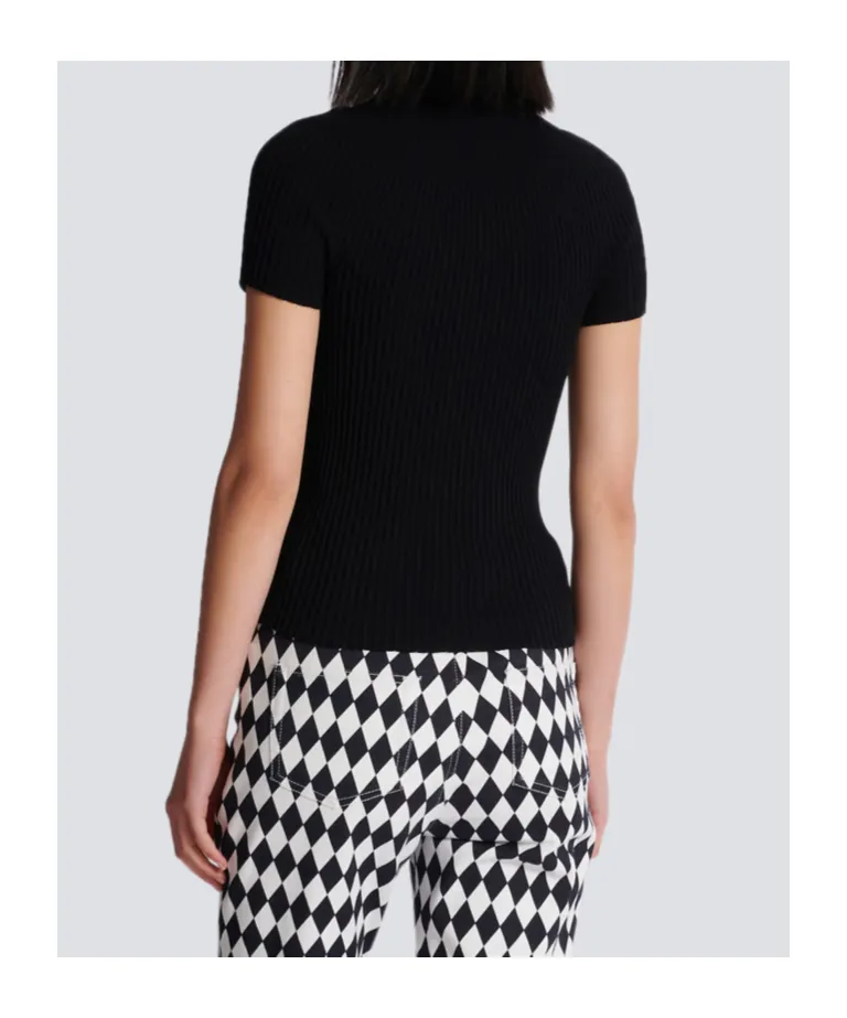 Balmain Logo Plaque Short-Sleeved Ribbed Knit Top