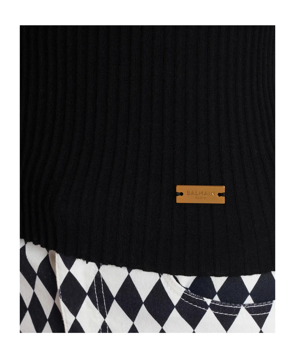 Balmain Logo Plaque Short-Sleeved Ribbed Knit Top