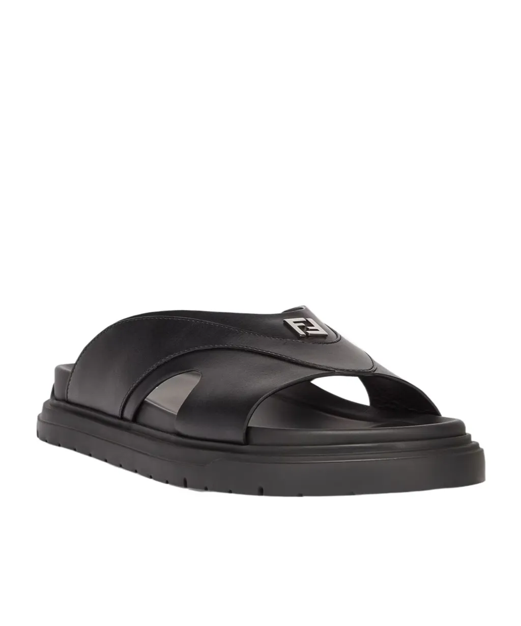 Black Leather Slides