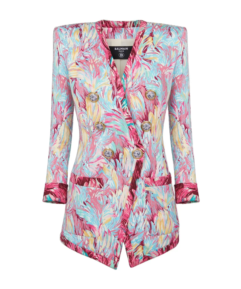 Balmain Feather Printed Long 6-Button Jacket