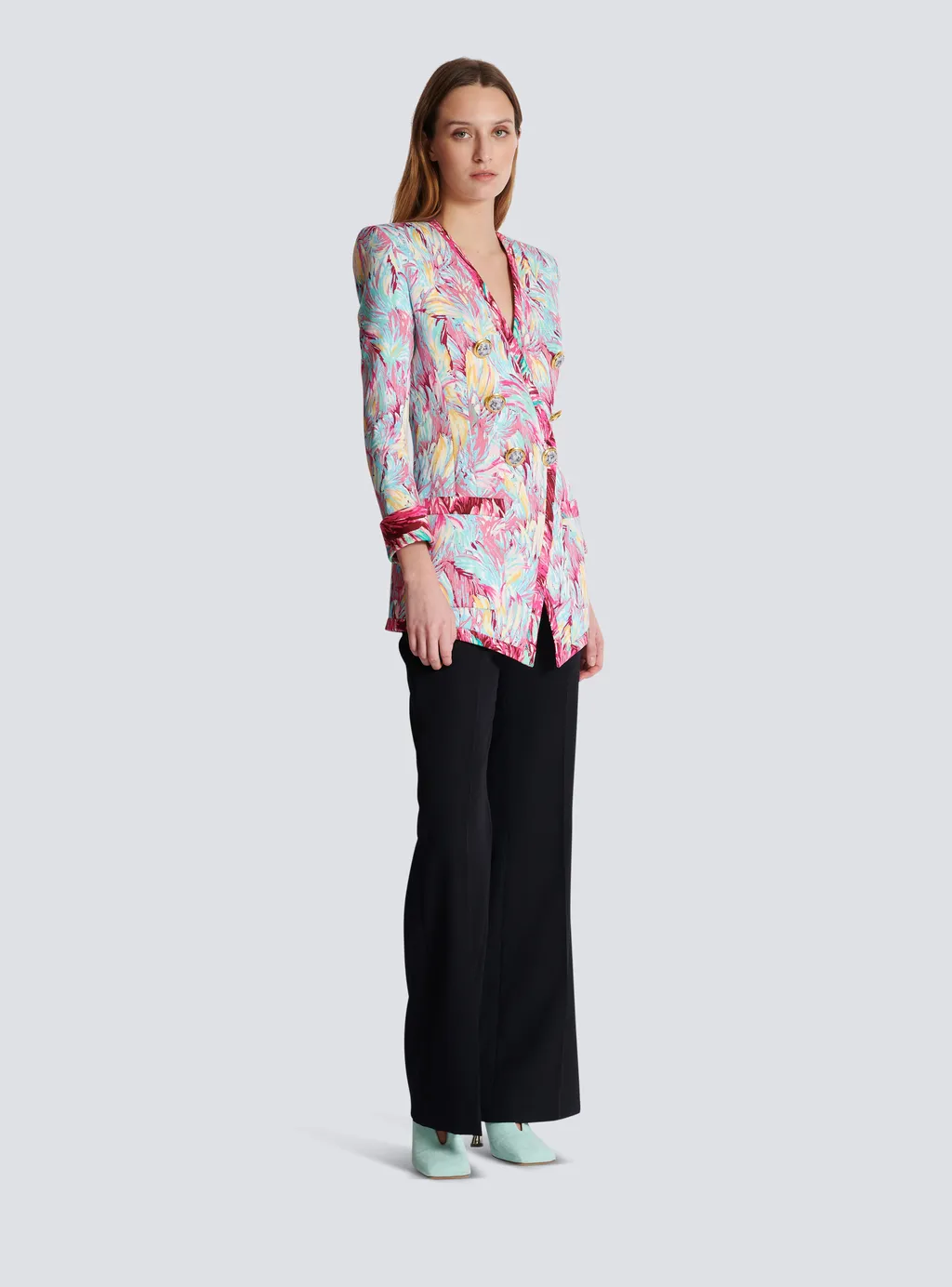 Balmain Feather Printed Long 6-Button Jacket