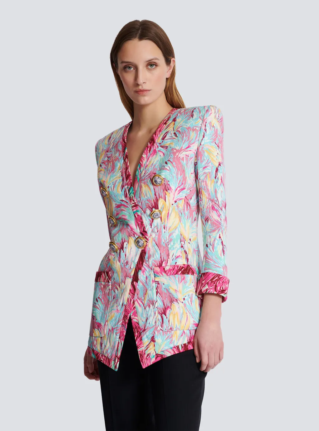 Balmain Feather Printed Long 6-Button Jacket