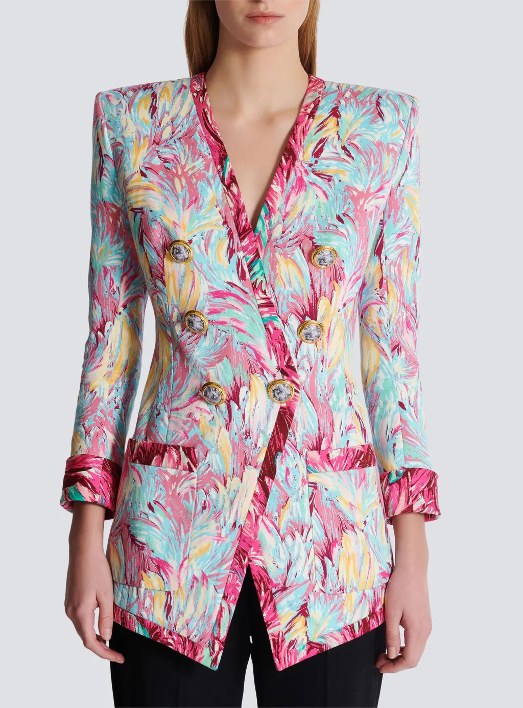 Balmain Feather Printed Long 6-Button Jacket