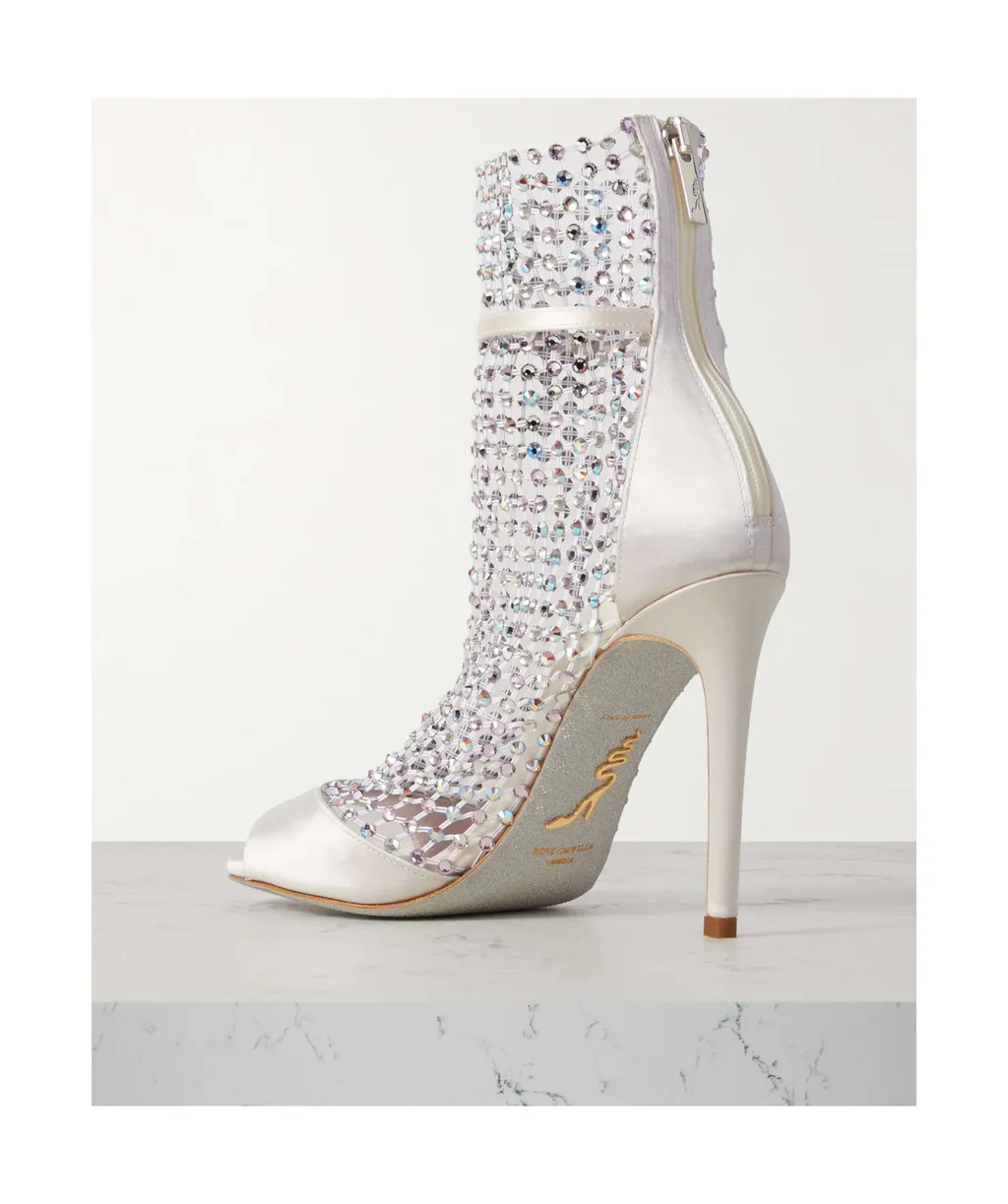 Crystal Embellished Satin Mesh High-Heeled Sandals