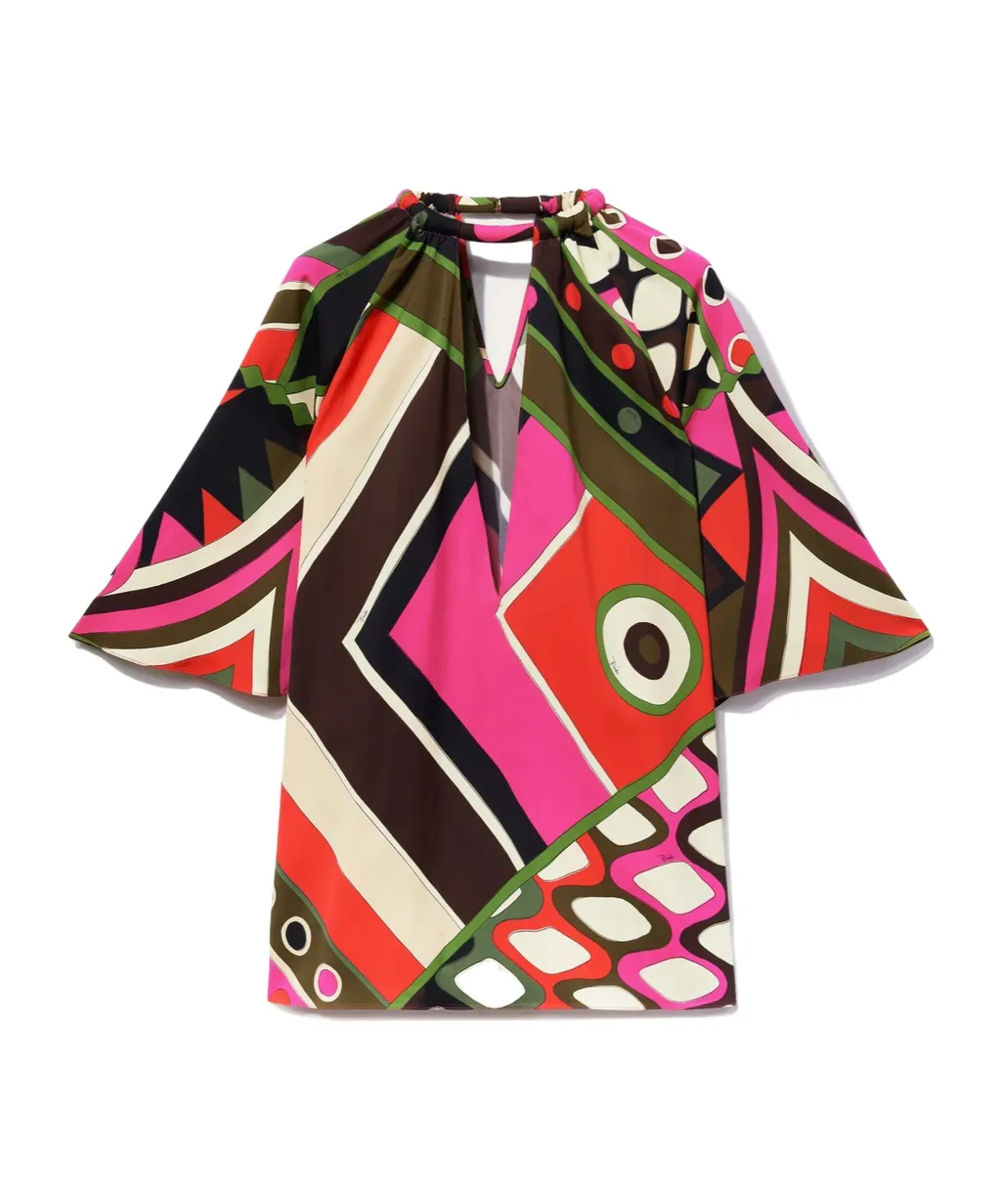 Pucci Vivara-Printed V-Neck Cap-Sleeved Blouse