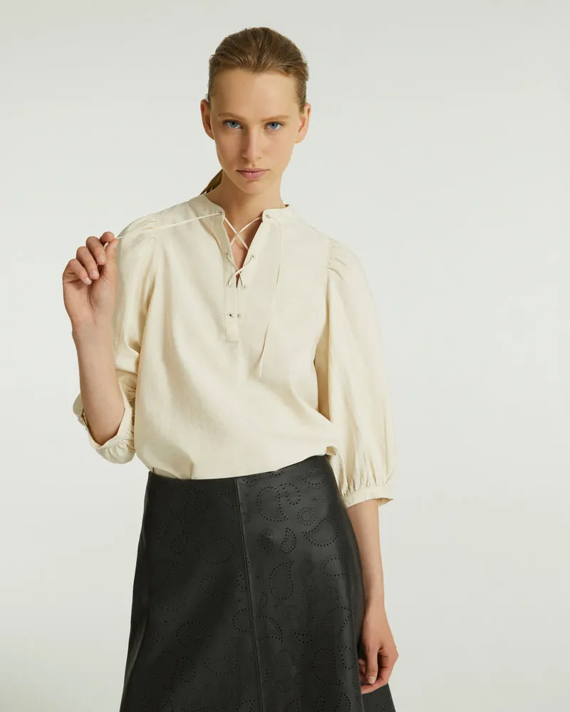 Tie-Neck Silk Seersucker Blouse